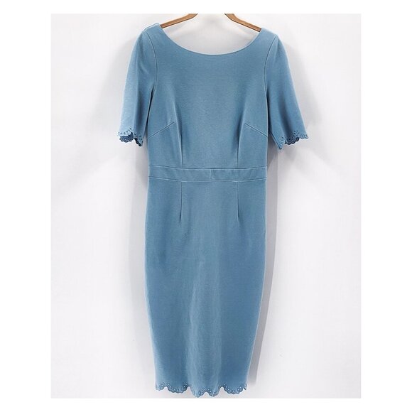 BODEN Emma Eyelet Scalloped Hem Blue Ponte Sheath Dress - Picture 3 of 6
